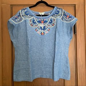 Boden Linen Embroidered Blouse Shirt 16/18 Blue
